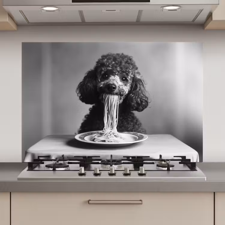Spatscherm keuken - Poedel - Hond - Zwart - Wit - Schattig - Pasta — 1