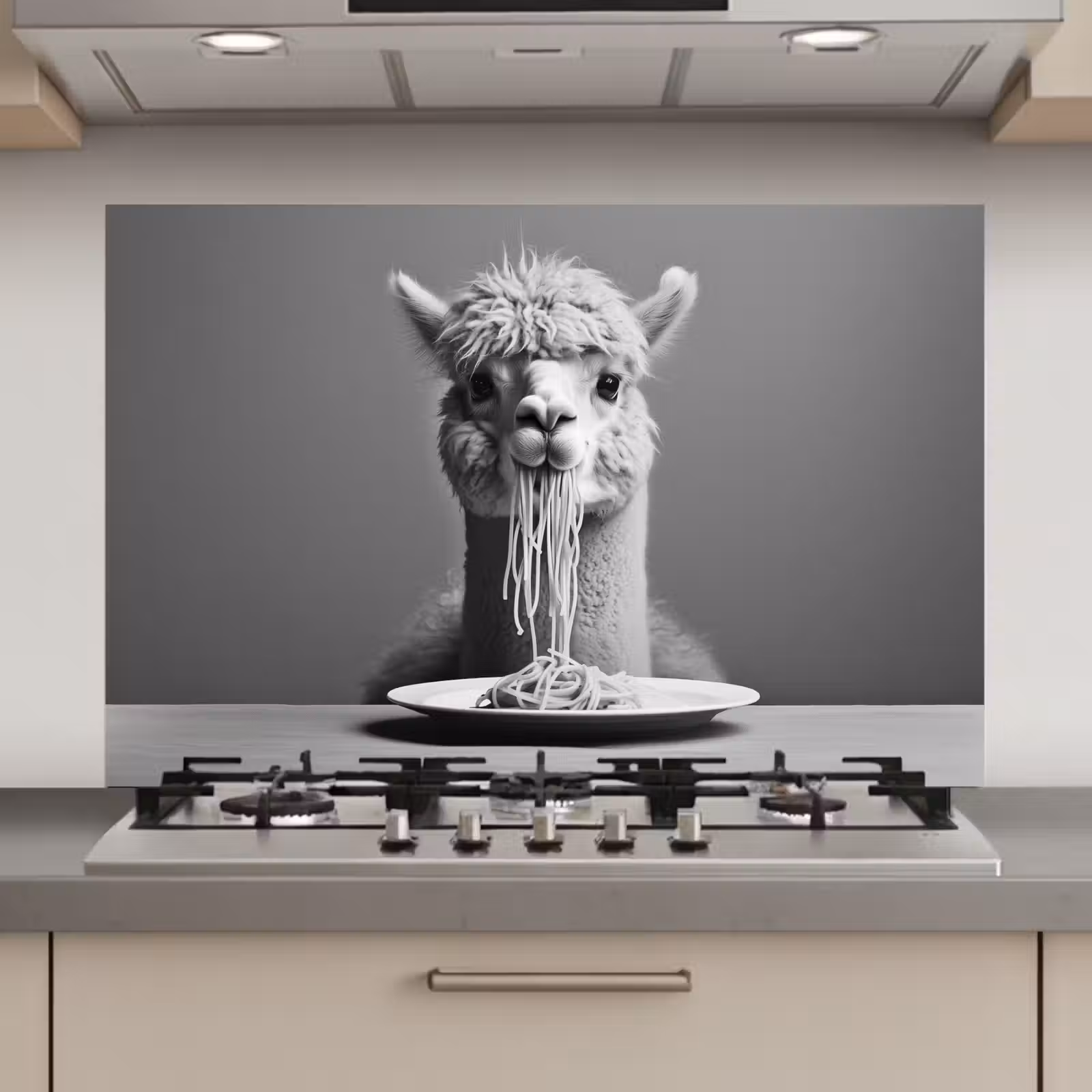 Spatscherm keuken - Alpaca - Pasta - Zwart - Wit - Grappig - Dieren — 1