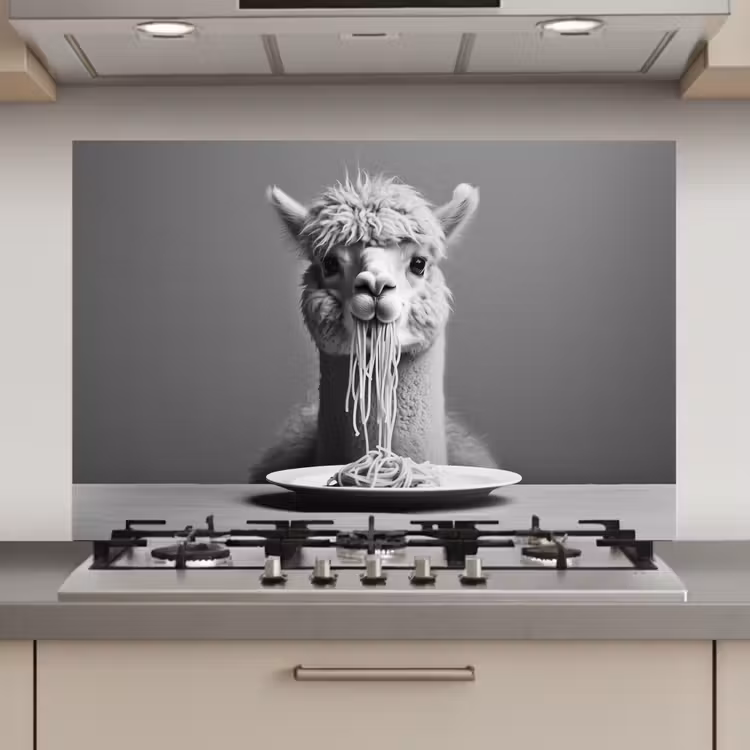 Spatscherm keuken - Alpaca - Pasta - Zwart - Wit - Grappig - Dieren — 1