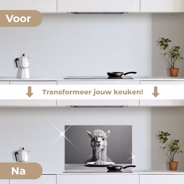 Spatscherm keuken - Alpaca - Pasta - Zwart - Wit - Grappig - Dieren — 3