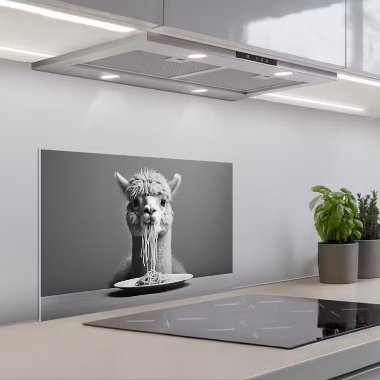 Spatscherm keuken - Alpaca - Pasta - Zwart - Wit - Grappig - Dieren — 5