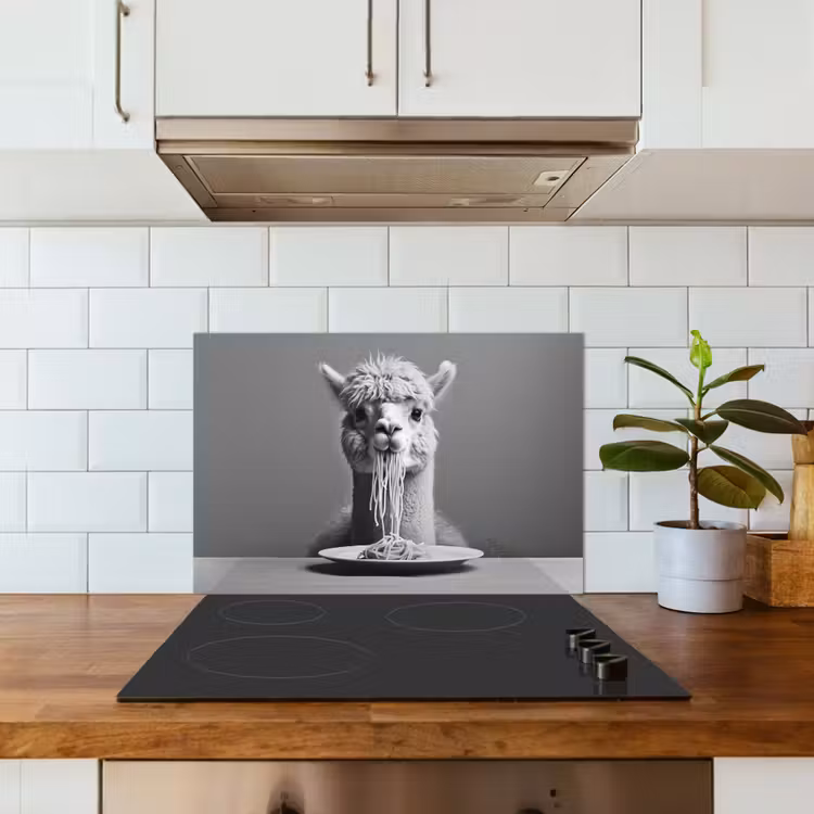 Spatscherm keuken - Alpaca - Pasta - Zwart - Wit - Grappig - Dieren — 6