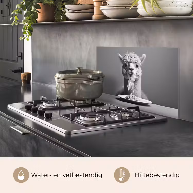 Spatscherm keuken - Alpaca - Pasta - Zwart - Wit - Grappig - Dieren — 7