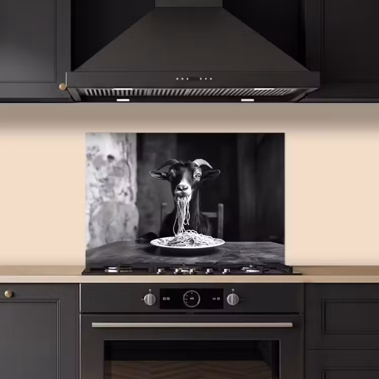 Spatscherm keuken - Geit - Bord - Spaghetti - Zwart Wit — 2