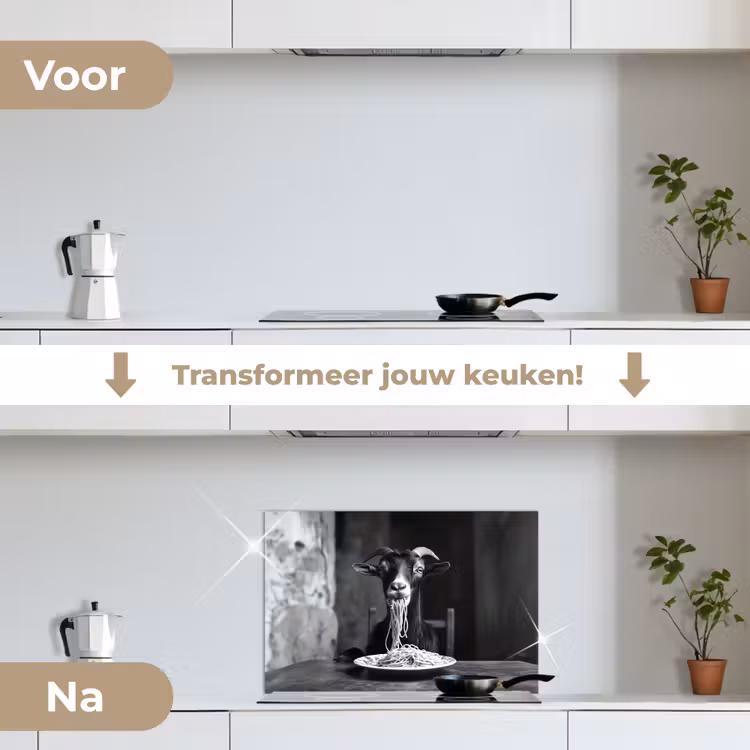 Spatscherm keuken - Geit - Bord - Spaghetti - Zwart Wit — 3