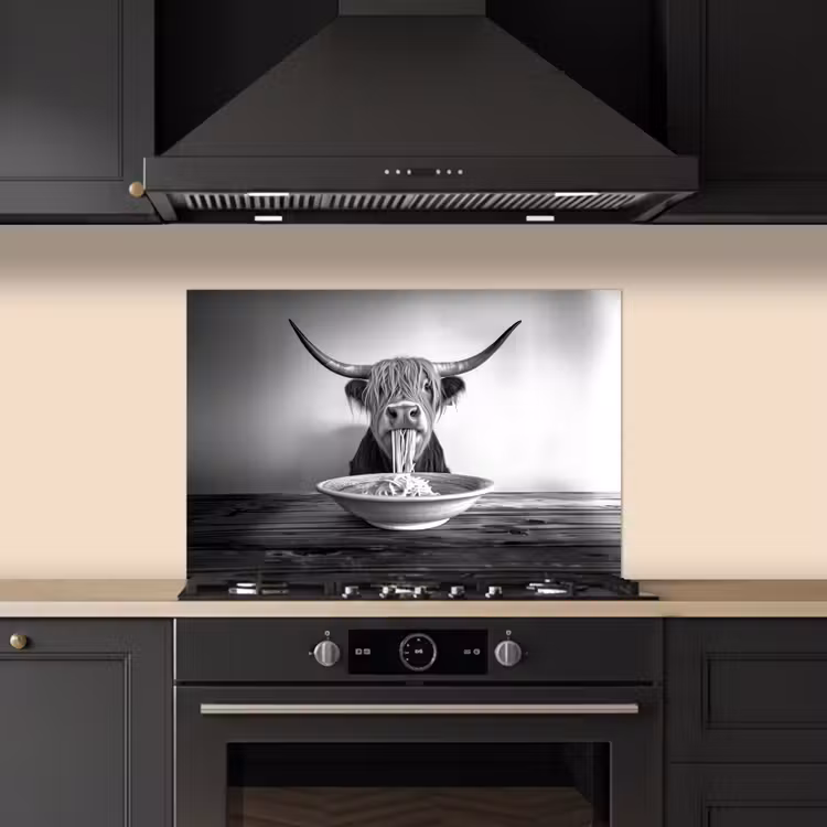 Spatscherm keuken - Schotse Hooglander - Spaghetti - Dieren - Zwart wit — 2