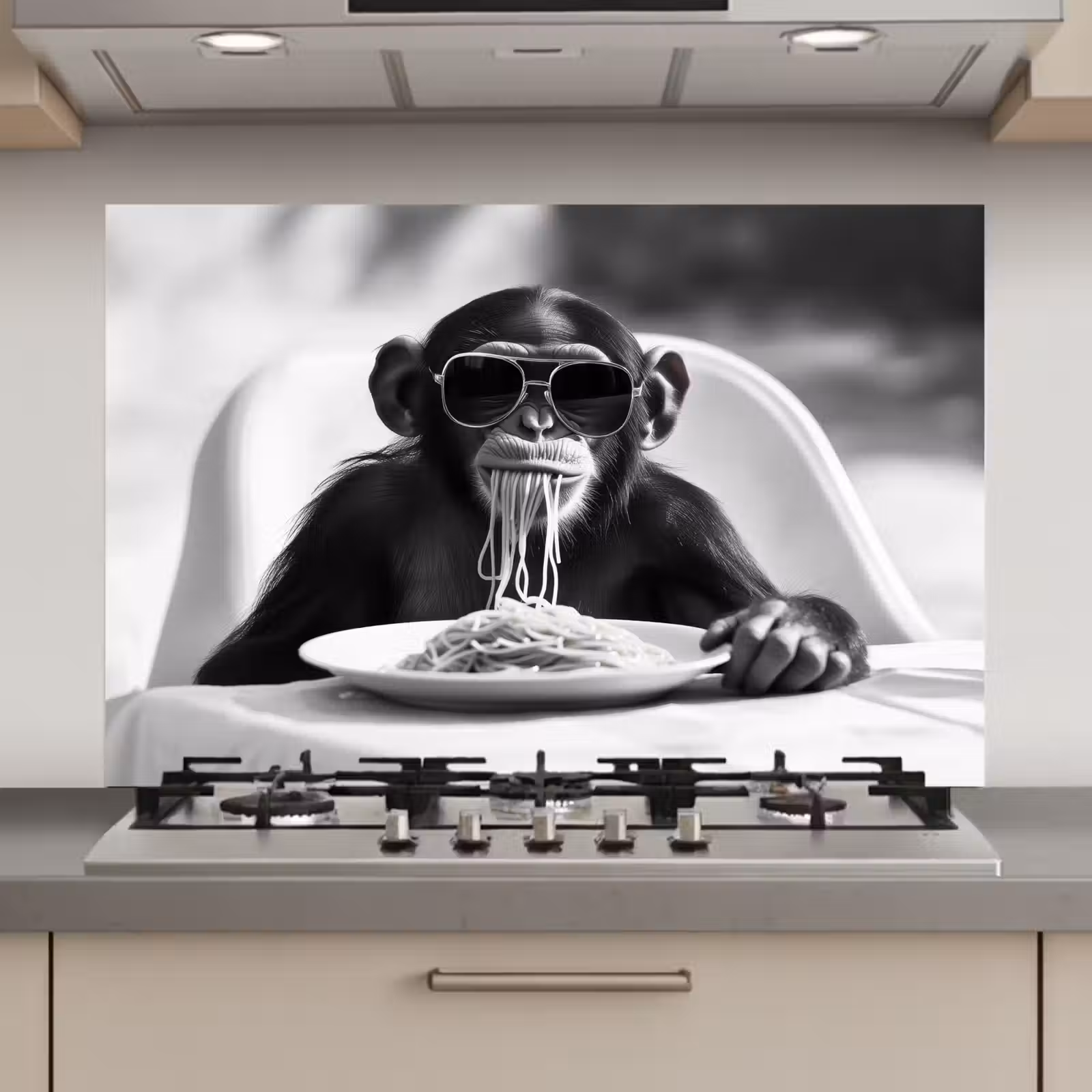 Spatscherm keuken - Aap - Spaghetti - Zonnebril - Zwart wit - Cool - Dier — 1
