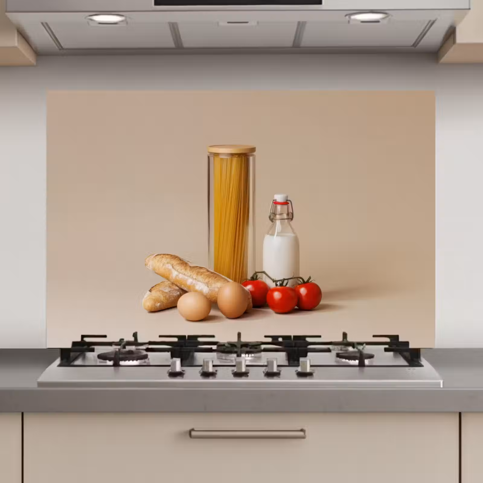 Spatscherm keuken - Spaghetti - Melk - Tomaten - Eieren - Brood — 1