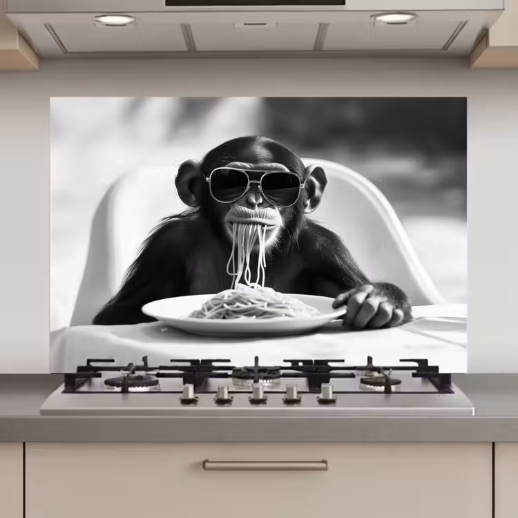 Spatscherm keuken - Aap - Spaghetti - Zonnebril - Zwart wit - Cool - Dier — 1