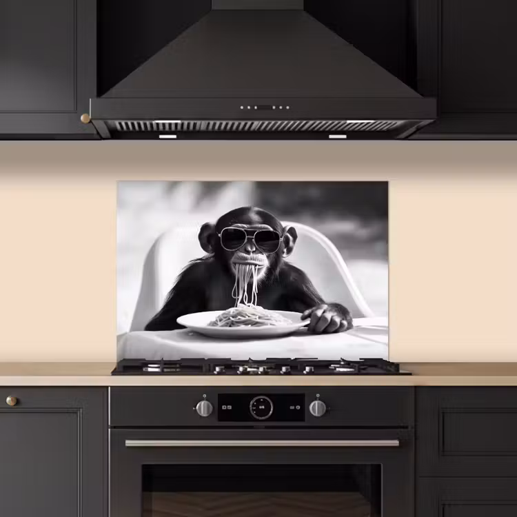 Spatscherm keuken - Aap - Spaghetti - Zonnebril - Zwart wit - Cool - Dier — 2