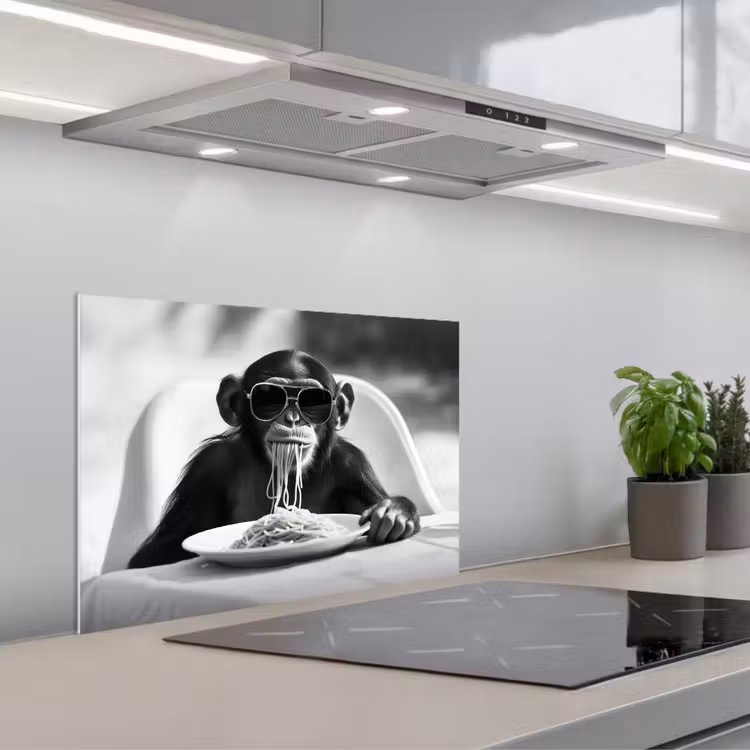 Spatscherm keuken - Aap - Spaghetti - Zonnebril - Zwart wit - Cool - Dier — 5
