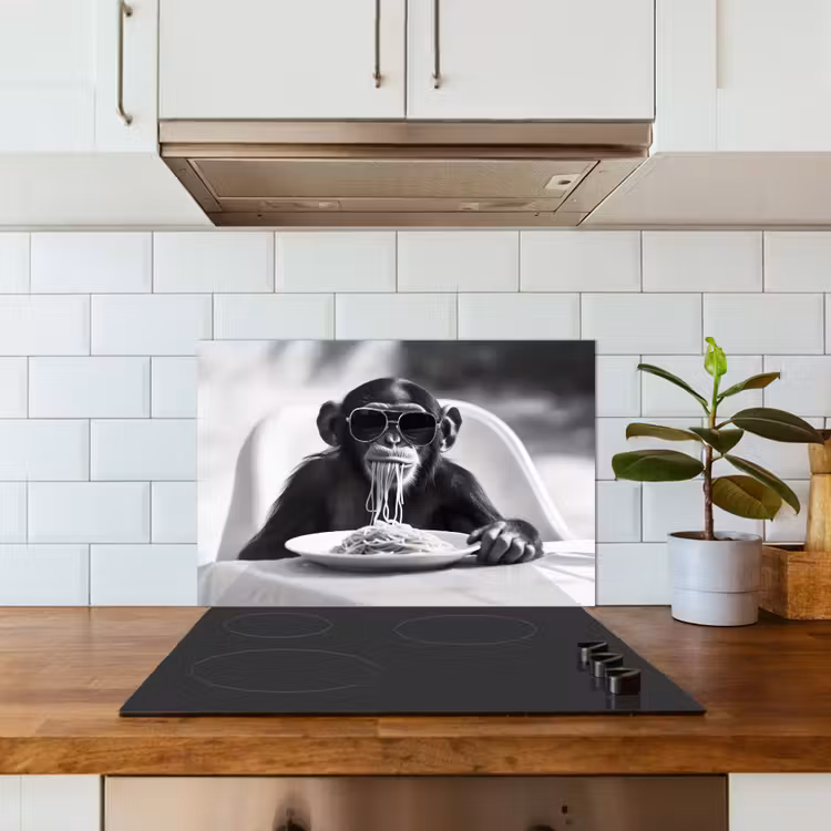 Spatscherm keuken - Aap - Spaghetti - Zonnebril - Zwart wit - Cool - Dier — 6