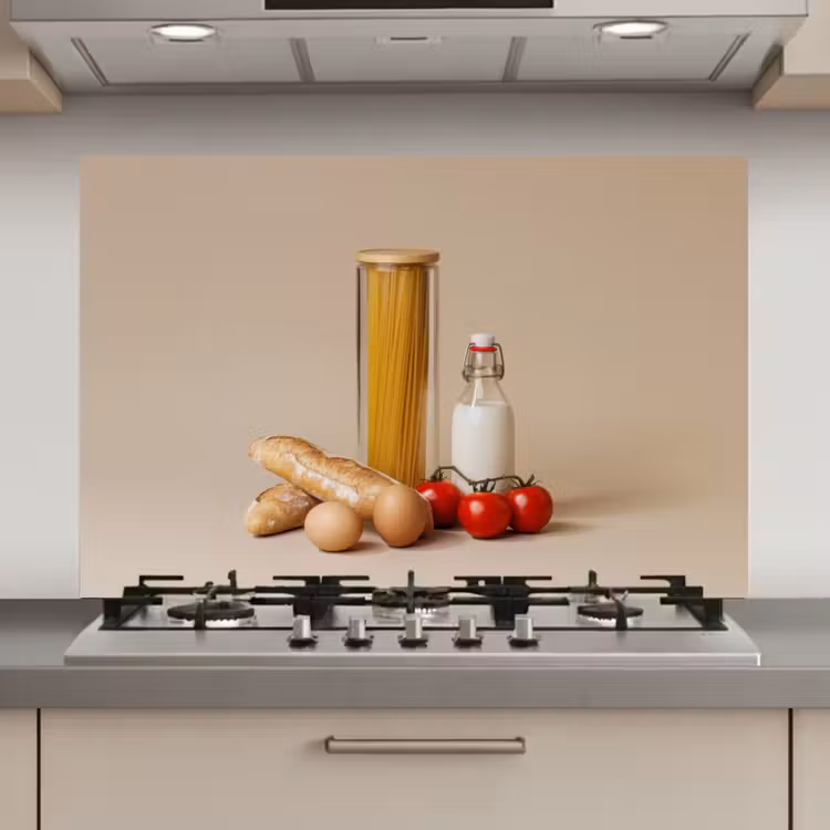 Spatscherm keuken - Spaghetti - Melk - Tomaten - Eieren - Brood — 1