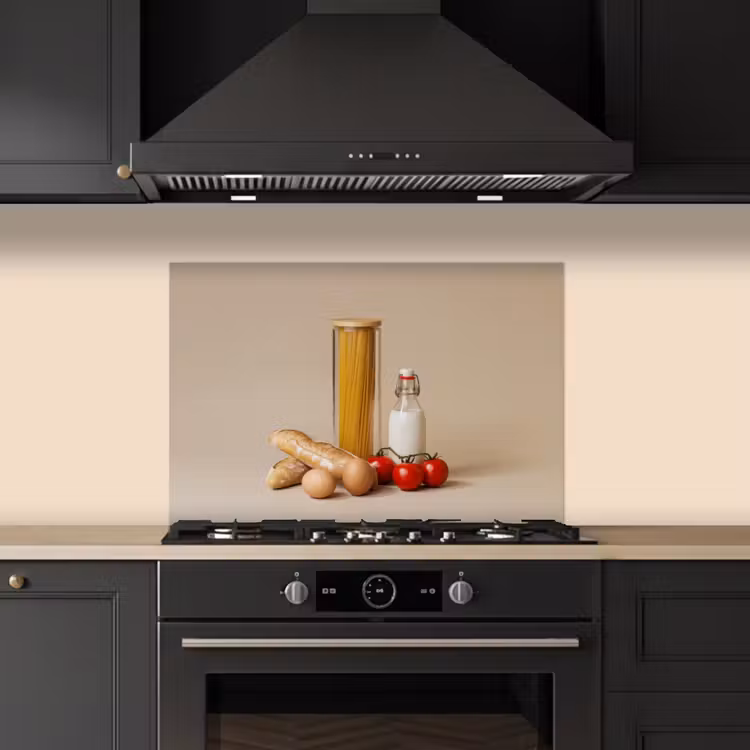 Spatscherm keuken - Spaghetti - Melk - Tomaten - Eieren - Brood — 2