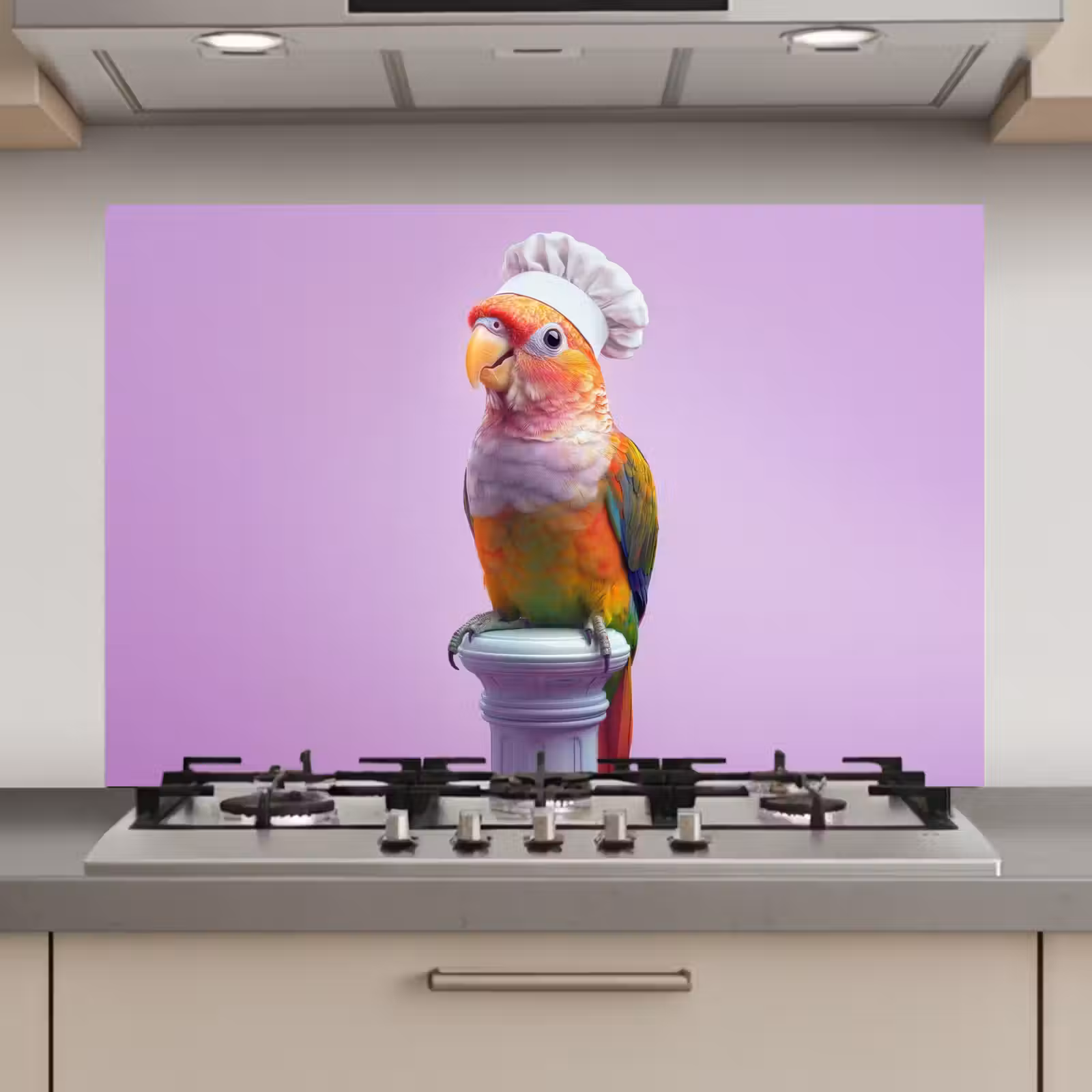 Spatscherm keuken - Papegaai - Koksmuts - Pilaar - Vogel — 1
