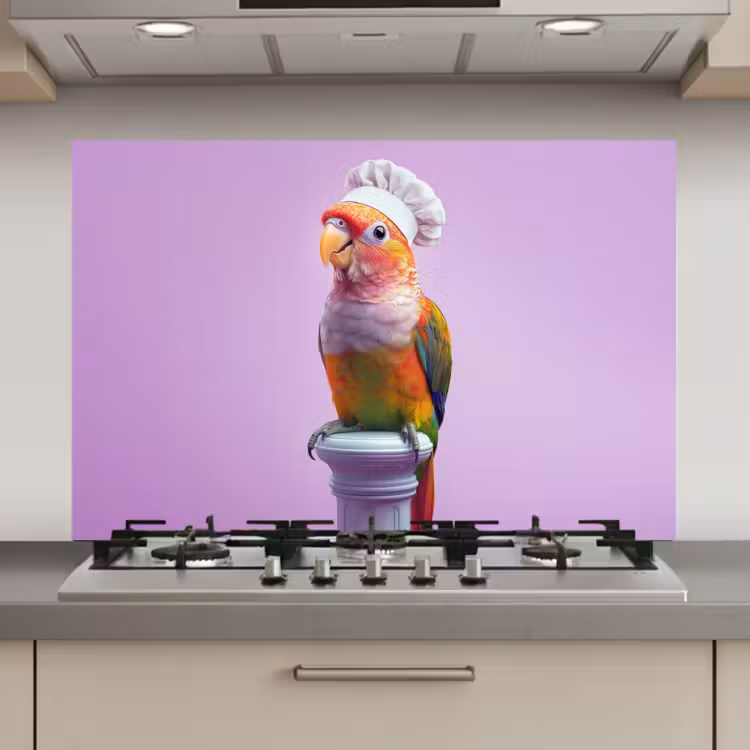 Spatscherm keuken - Papegaai - Koksmuts - Pilaar - Vogel — 1