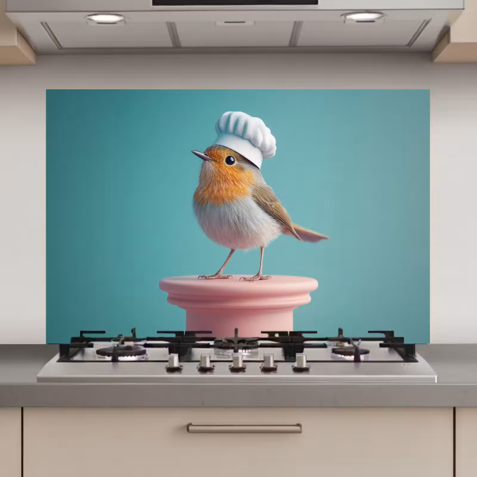 Spatscherm keuken - Roodborstje - Vogel - Koksmuts - Sokkel — 1