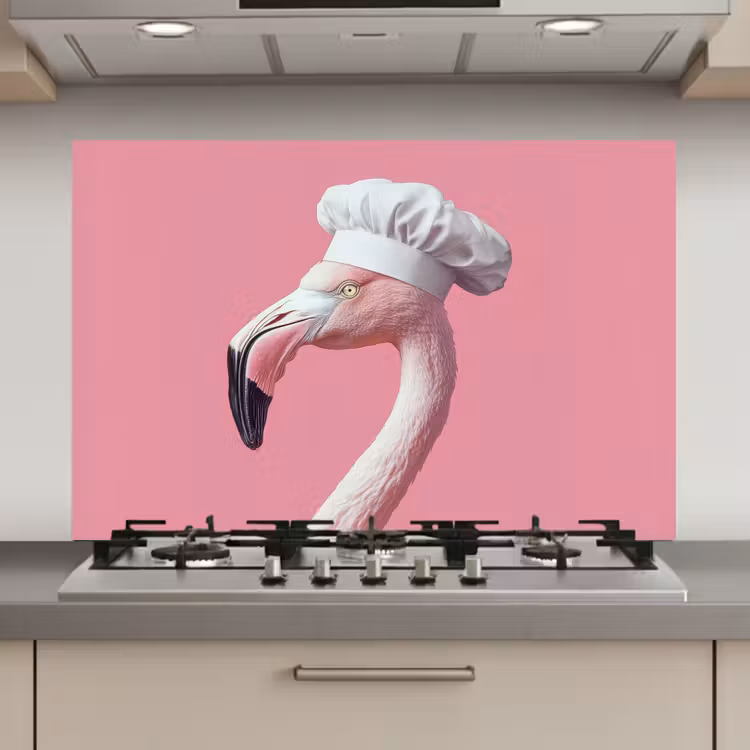 Spatscherm keuken - Flamingo - Roze - Koksmuts - Vogel — 1