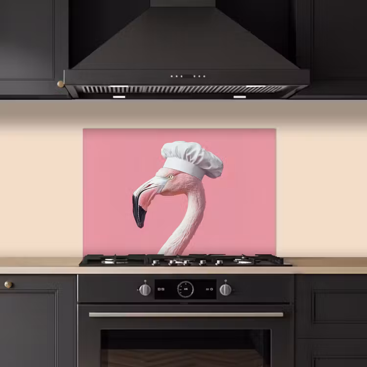 Spatscherm keuken - Flamingo - Roze - Koksmuts - Vogel — 2