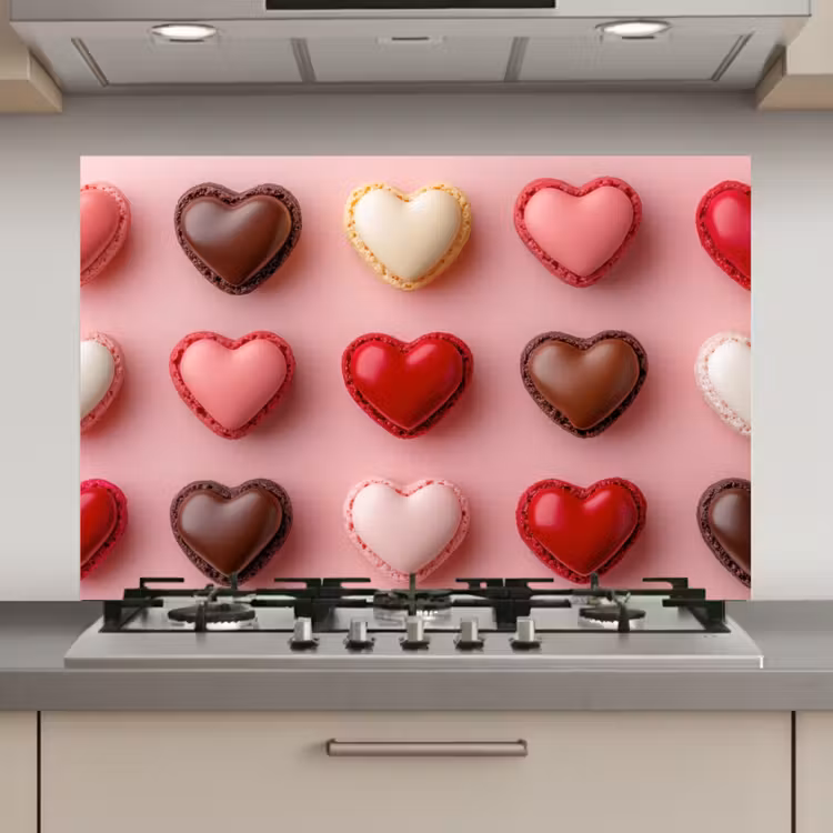 Spatscherm keuken - Macarons - Hartjes - Kleurrijk - Roze — 1