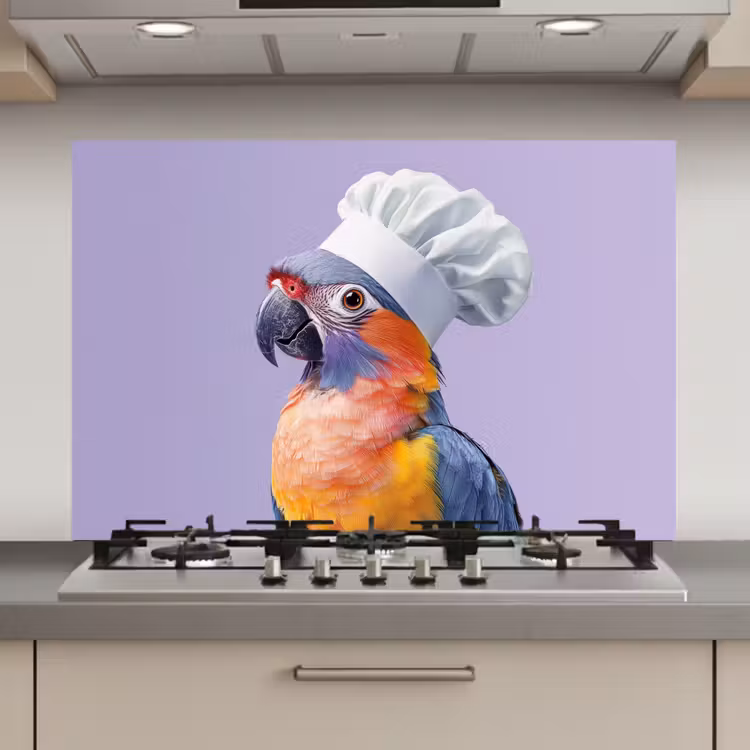 Spatscherm keuken - Papegaai - Koksmuts - Paars - Cute — 1