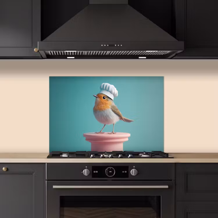 Spatscherm keuken - Roodborstje - Vogel - Koksmuts - Sokkel — 2