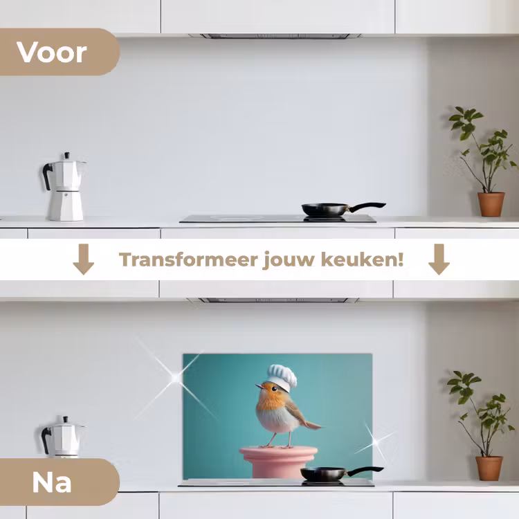 Spatscherm keuken - Roodborstje - Vogel - Koksmuts - Sokkel — 3