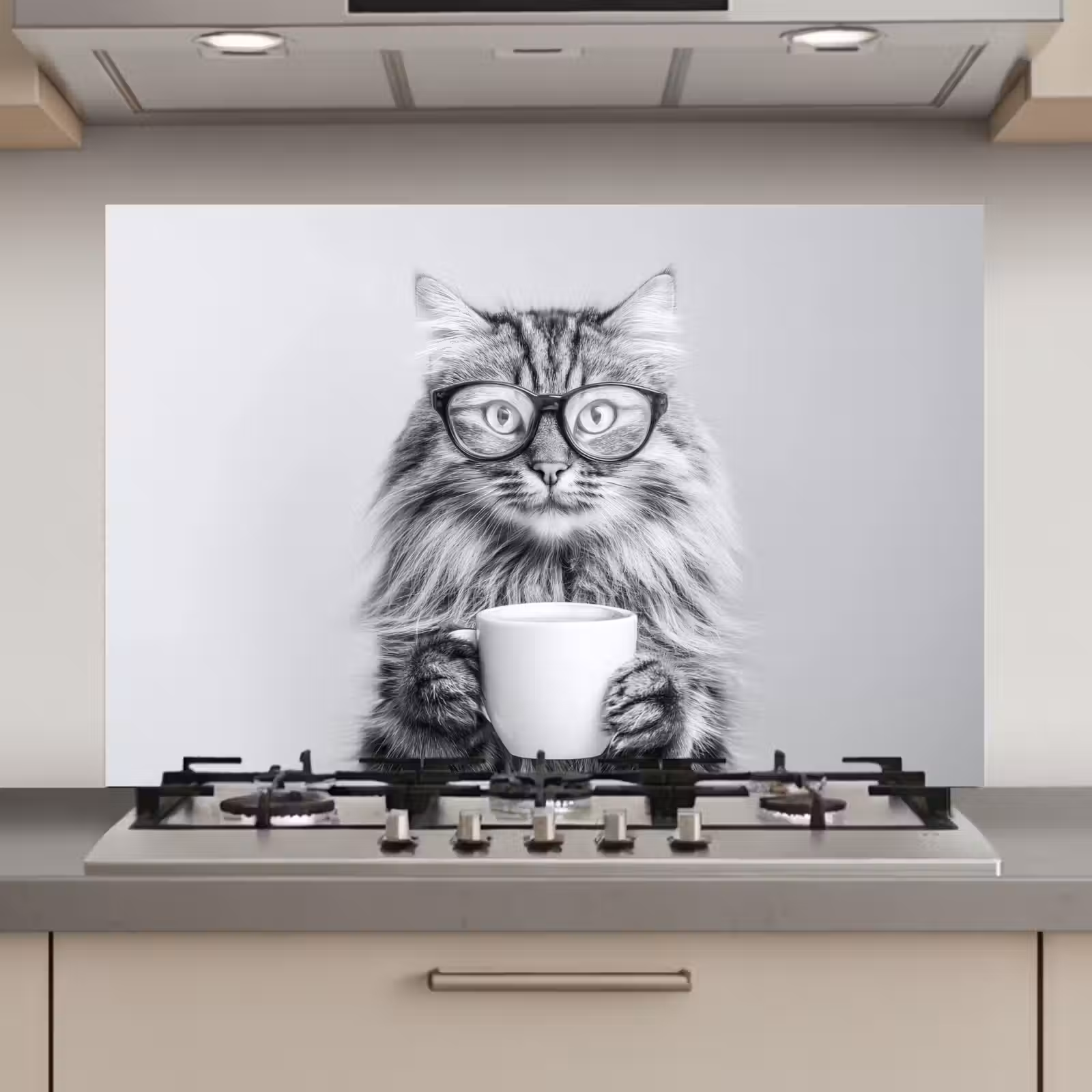 Spatscherm keuken - Kat - Bril - Mok - Pluizig — 1