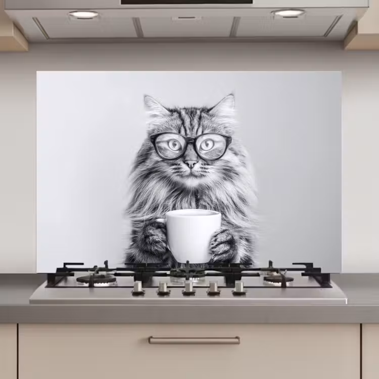 Spatscherm keuken - Kat - Bril - Mok - Pluizig — 1