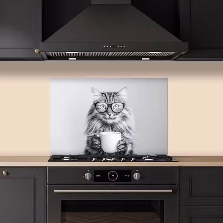 Spatscherm keuken - Kat - Bril - Mok - Pluizig — 2