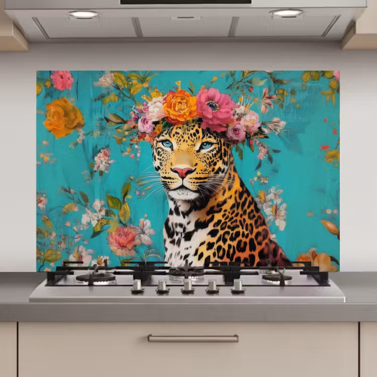 Spatscherm keuken - Luipaard - Bloemen - Kroon — 1