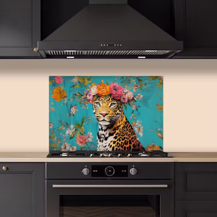 Spatscherm keuken - Luipaard - Bloemen - Kroon — 2