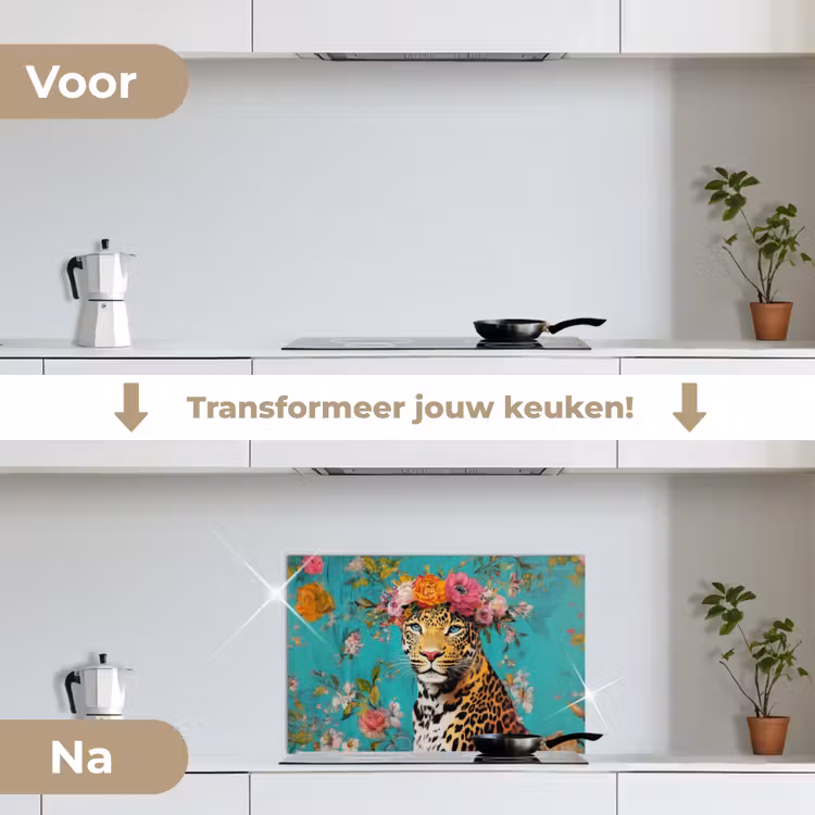 Spatscherm keuken - Luipaard - Bloemen - Kroon — 3