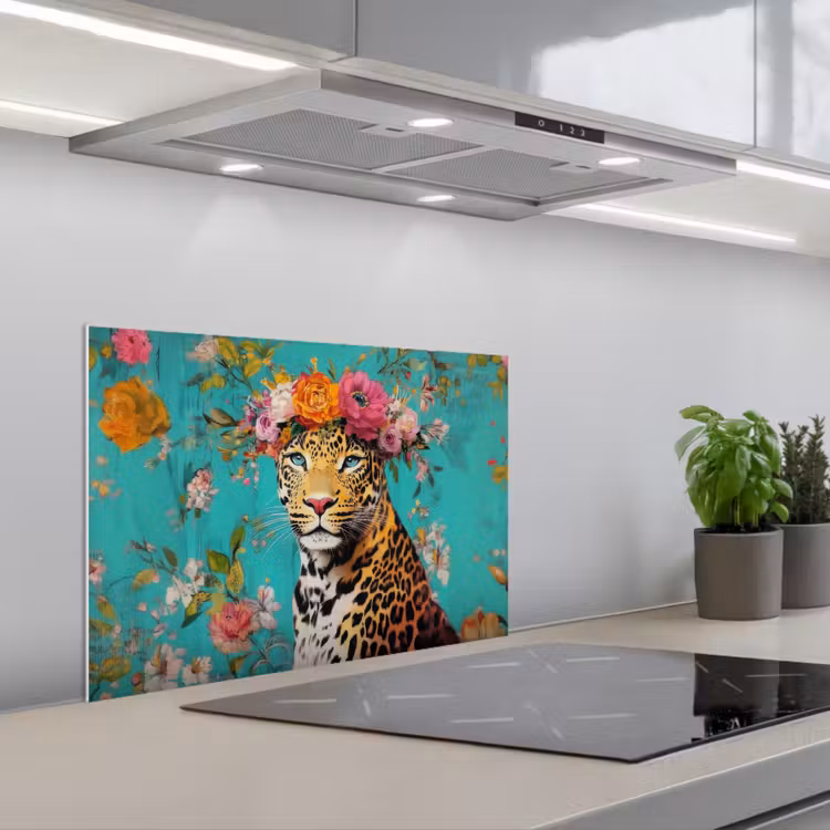 Spatscherm keuken - Luipaard - Bloemen - Kroon — 5