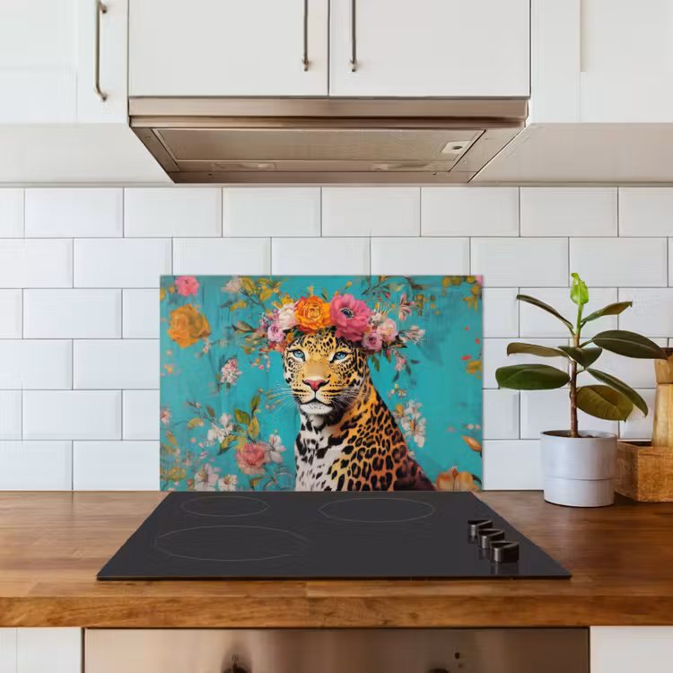 Spatscherm keuken - Luipaard - Bloemen - Kroon — 6