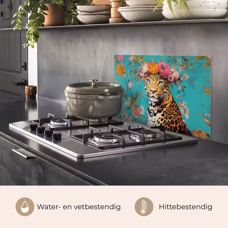 Spatscherm keuken - Luipaard - Bloemen - Kroon — 7