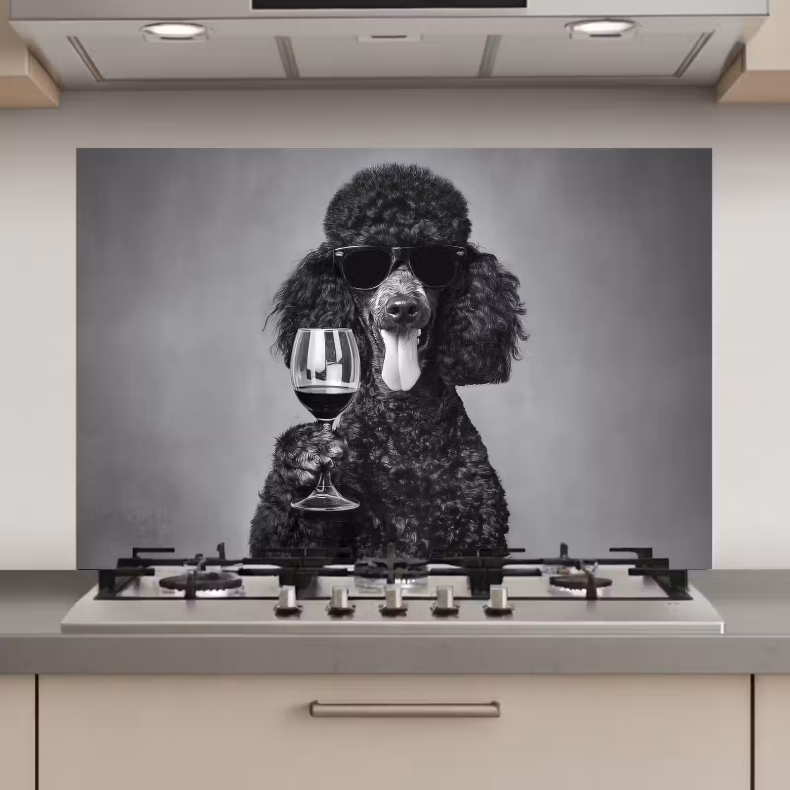 Spatscherm keuken - Hond - Krullen - Zonnebril - Wijn — 1