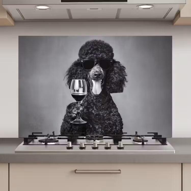 Spatscherm keuken - Hond - Krullen - Zonnebril - Wijn — 1