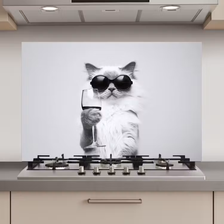 Spatscherm keuken - Kat - Zonnebril - Wijnglas - Langharig — 1
