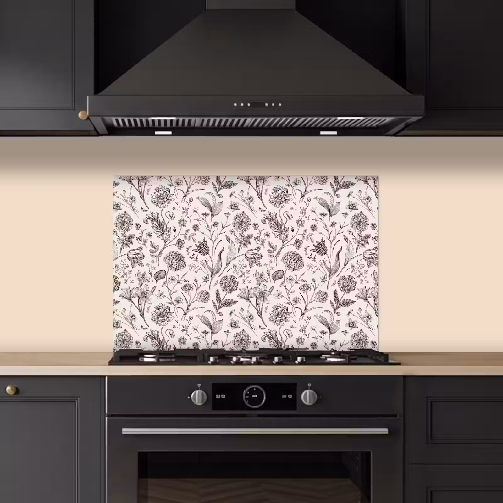 Spatscherm keuken - Classic - Black - White - Floral — 1