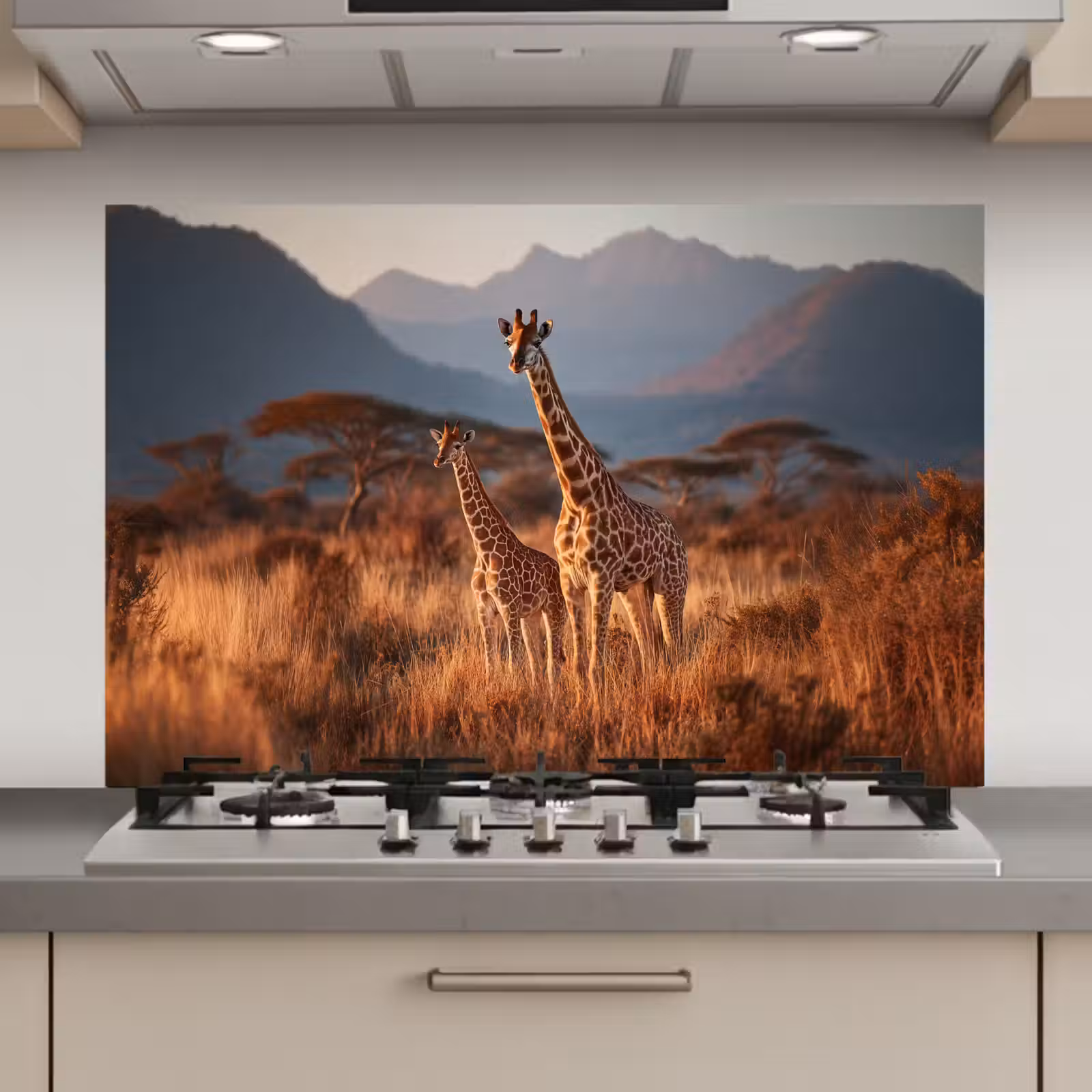 Spatscherm keuken - Giraffen - Hoog gras - Acaciabomen — 1