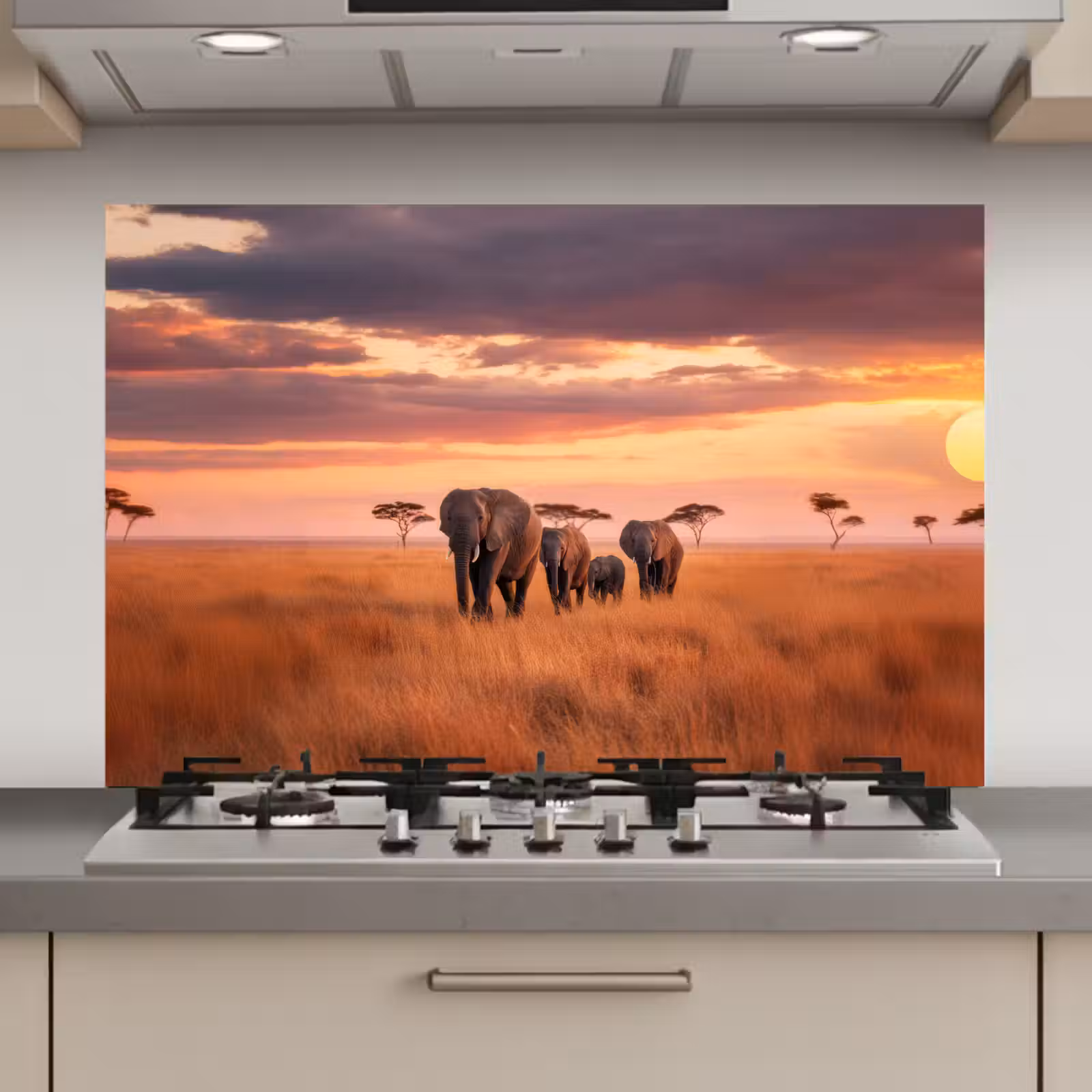 Spatscherm keuken - Groep olifanten - Open vlakte - Zon — 1
