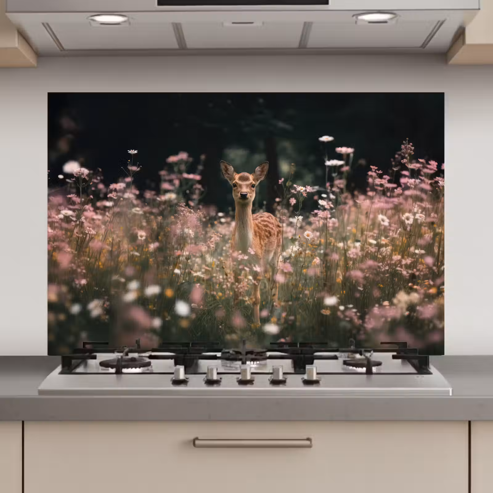 Spatscherm keuken - Hert - Wilde bloemen - Bos — 1