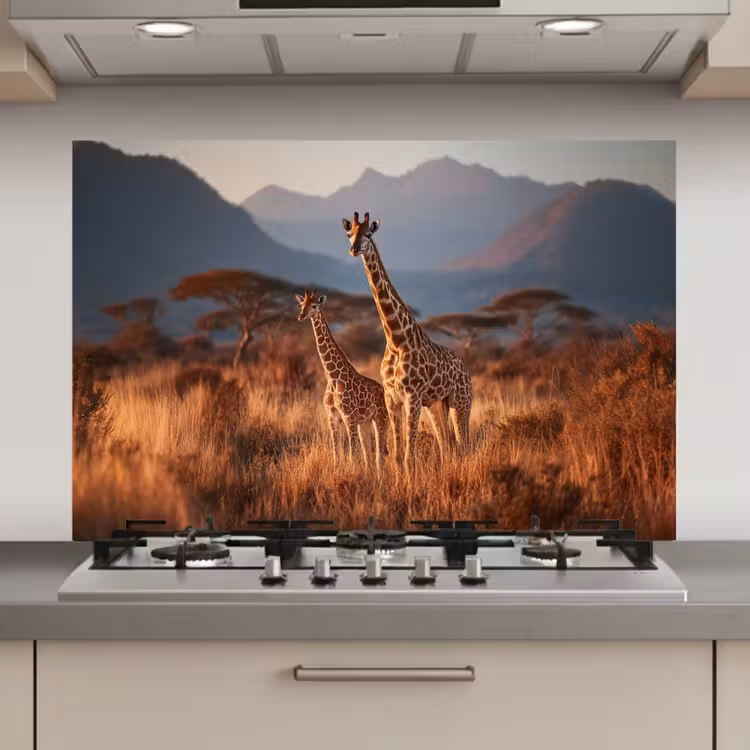 Spatscherm keuken - Giraffen - Hoog gras - Acaciabomen — 1