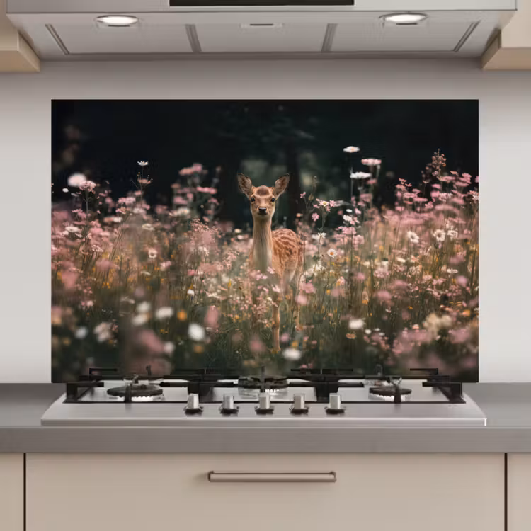 Spatscherm keuken - Hert - Wilde bloemen - Bos — 1
