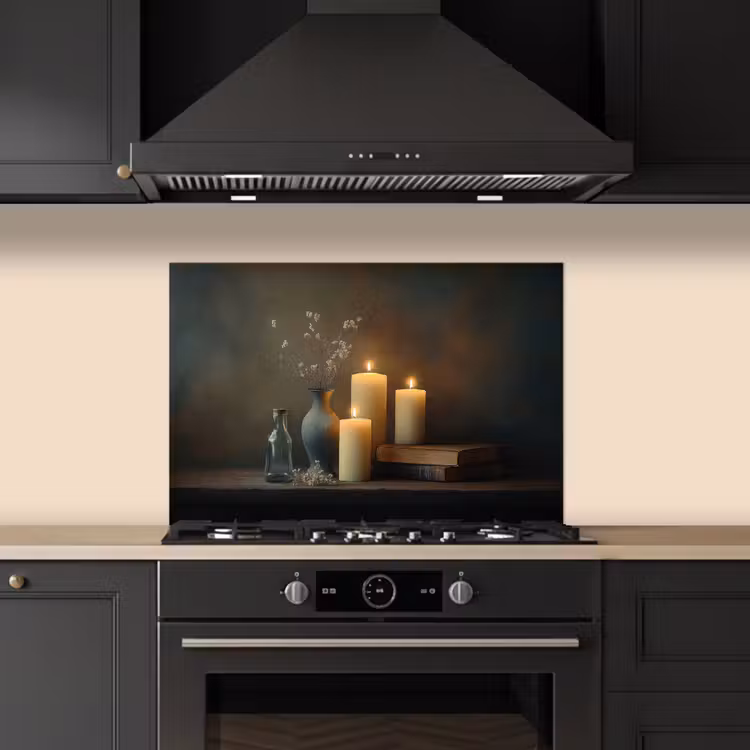Spatscherm keuken - Kaarsen - Stilleven - Rustiek - Boeken — 2