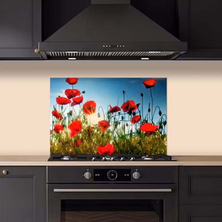 Spatscherm keuken - Klaprozen - Toscane - Zon - Rood - Blauw — 2