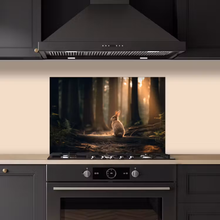 Spatscherm keuken - Konijn - Bos - Zonnestralen — 2