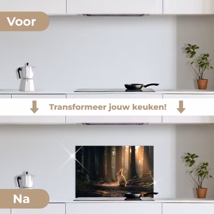 Spatscherm keuken - Konijn - Bos - Zonnestralen — 3