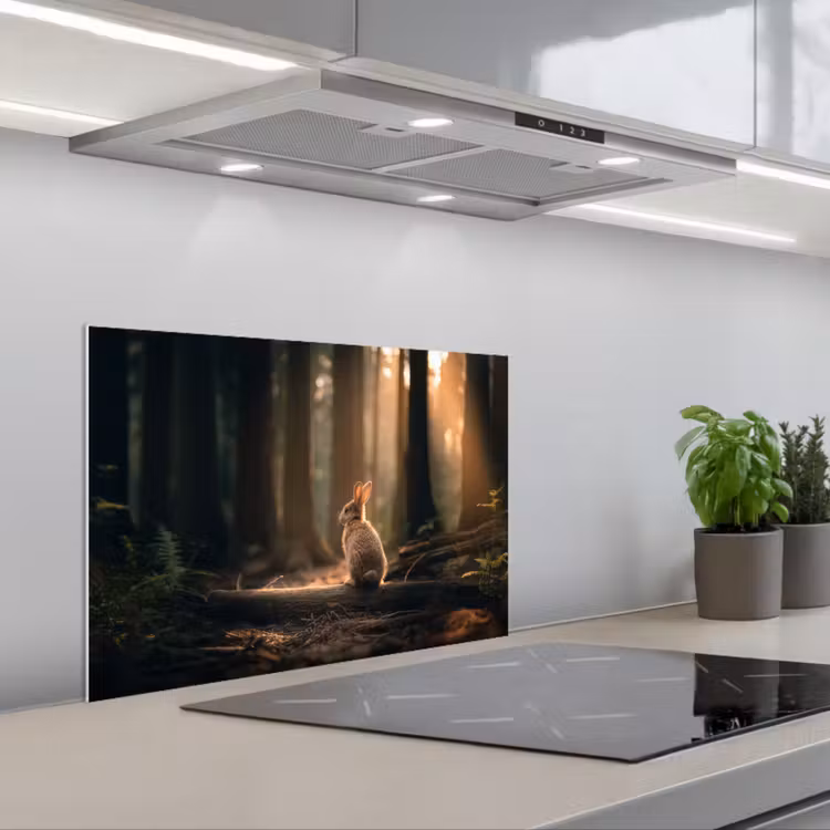 Spatscherm keuken - Konijn - Bos - Zonnestralen — 5